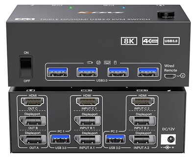 KVM Switch 3 Monitors 2 Computers 8K@60Hz 4K@144Hz, 2 Displayport + HDMI USB3...