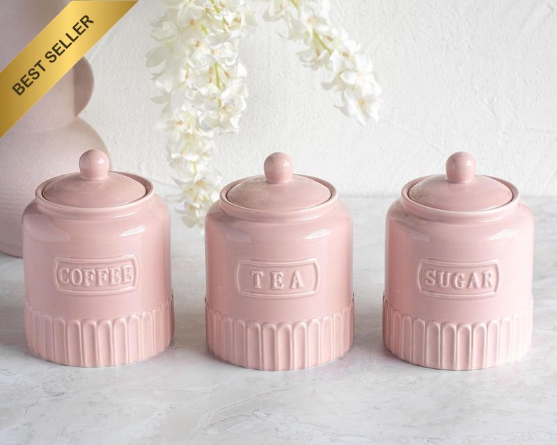 Blush Pink Kitchen Canisters, Set of 3, Coffee Tea Sugar Storage Containers