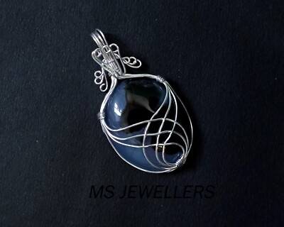 Black Obsidian Wire Wrapped Pendant ,925 Sterling Silver Handmade Antique