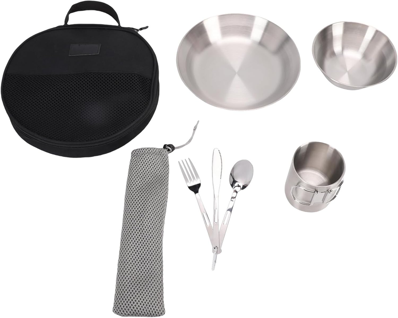 Stainless Steel Camping Tableware Set, Portable Cutlery Set with Double Layer Va