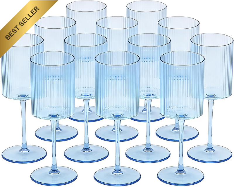 12 Pack Ribbed Acrylic Wine Glasses 320Ml Clear Blue Shatterproof Plastic Stemwa