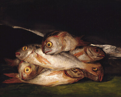 Antique Still Life with Fishes Moody Painting Giclee Print on Fine Art Paper