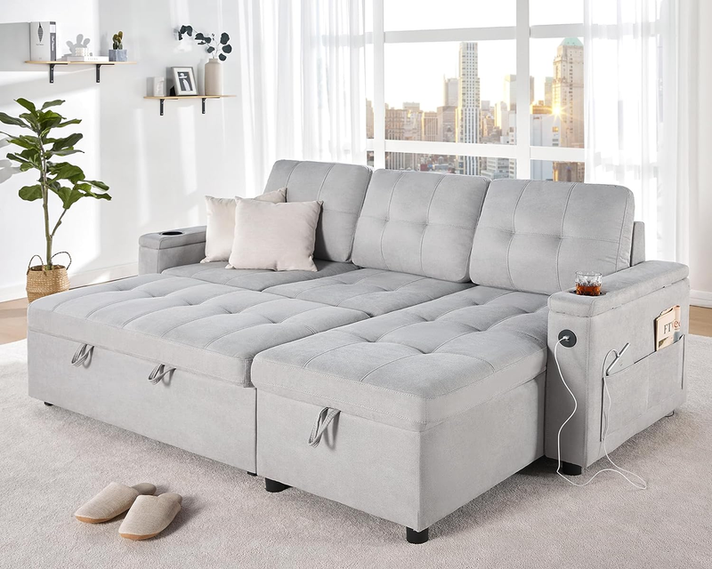 Convertible Sofa Bed, 3 in 1 Sleeper Sofa with USB Charging Ports & Cup Holders,