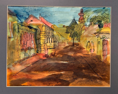 D BLITZER GLITZER WATERCOLOR PAINTING STREET SCENE VENDOR AND PEDESTRIAN FIGURES