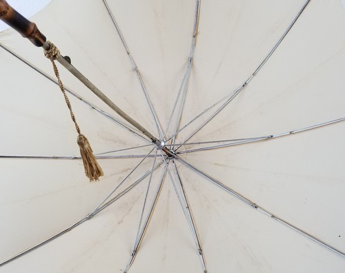 fine vintage Bergdorf Goodman umbrella wood handle cream color has some stains