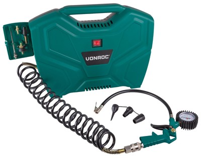 VONROC Draagbare Compressor – 1100W – 8 bar – Olievrij – 180 l/m – Incl. 11 a...