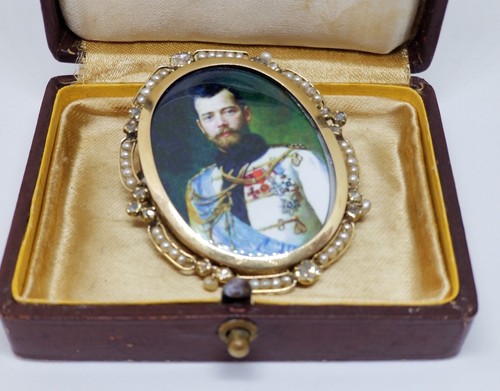 Antique Imperial Russian Tsar Nicholas II Diamond Enamel Gold Brooch Stick Pin