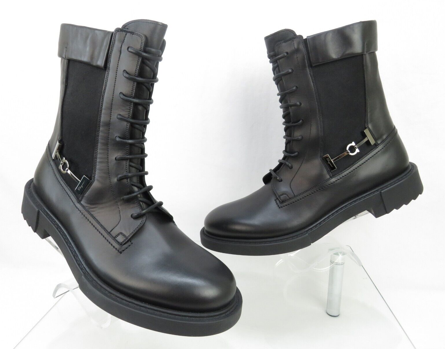 Pre-owned Ferragamo Iglesias Black Leather Gancini Logo Pull Chelsea Combat Boots 10.5 D