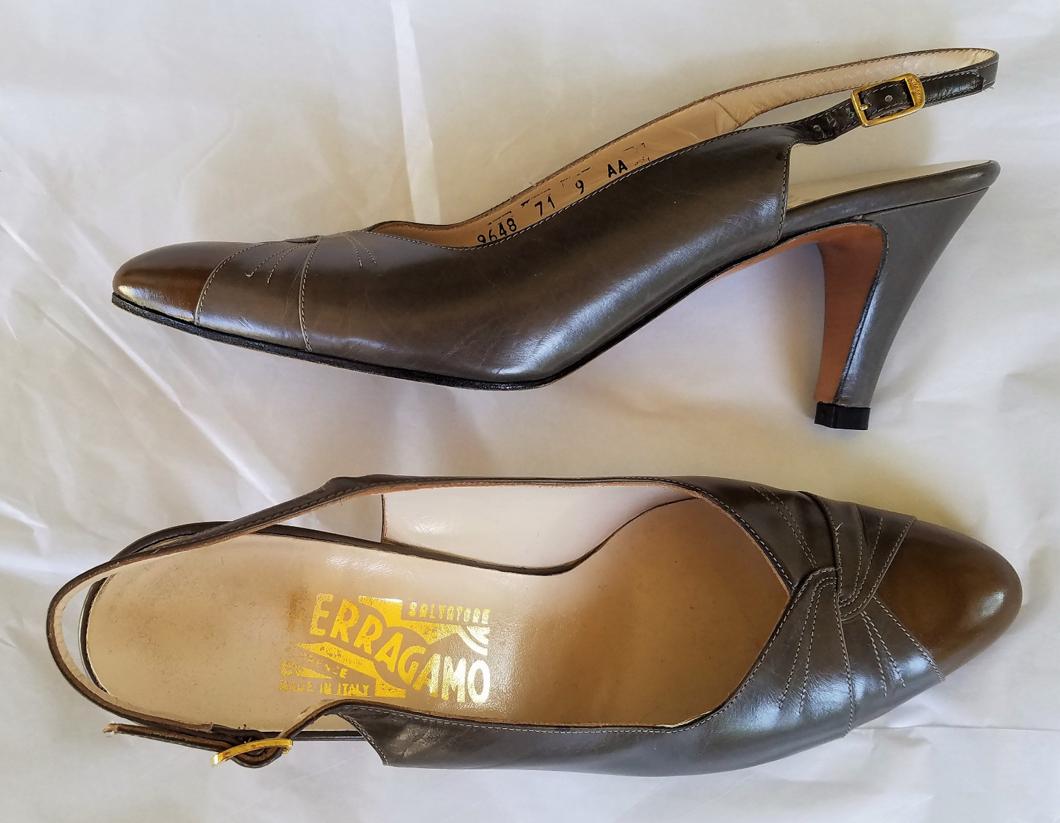 SALVATORE FERRAGAMO Gray Brown Leather Slingbacks Shoes