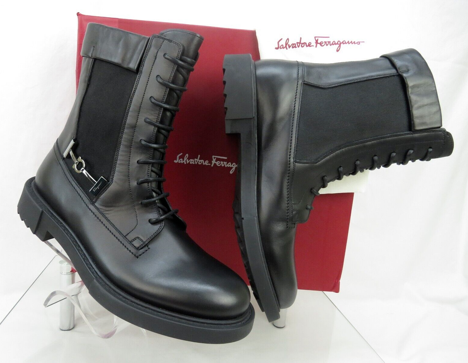 Pre-owned Ferragamo Iglesias Black Leather Gancini Logo Pull Chelsea Combat Boots 10.5 D
