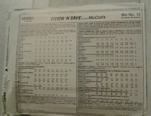 McCall's M5081 NEW UNCUT Pattern Stitch 'n Save Jacket/Top/Skirt/Pants 6/8/10/12