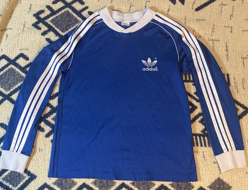 VINTAGE 70s 80s ADIDAS FOOTBALL LONG SLEEVE SOCCER JERSEY BLUE ADULT SIZE M