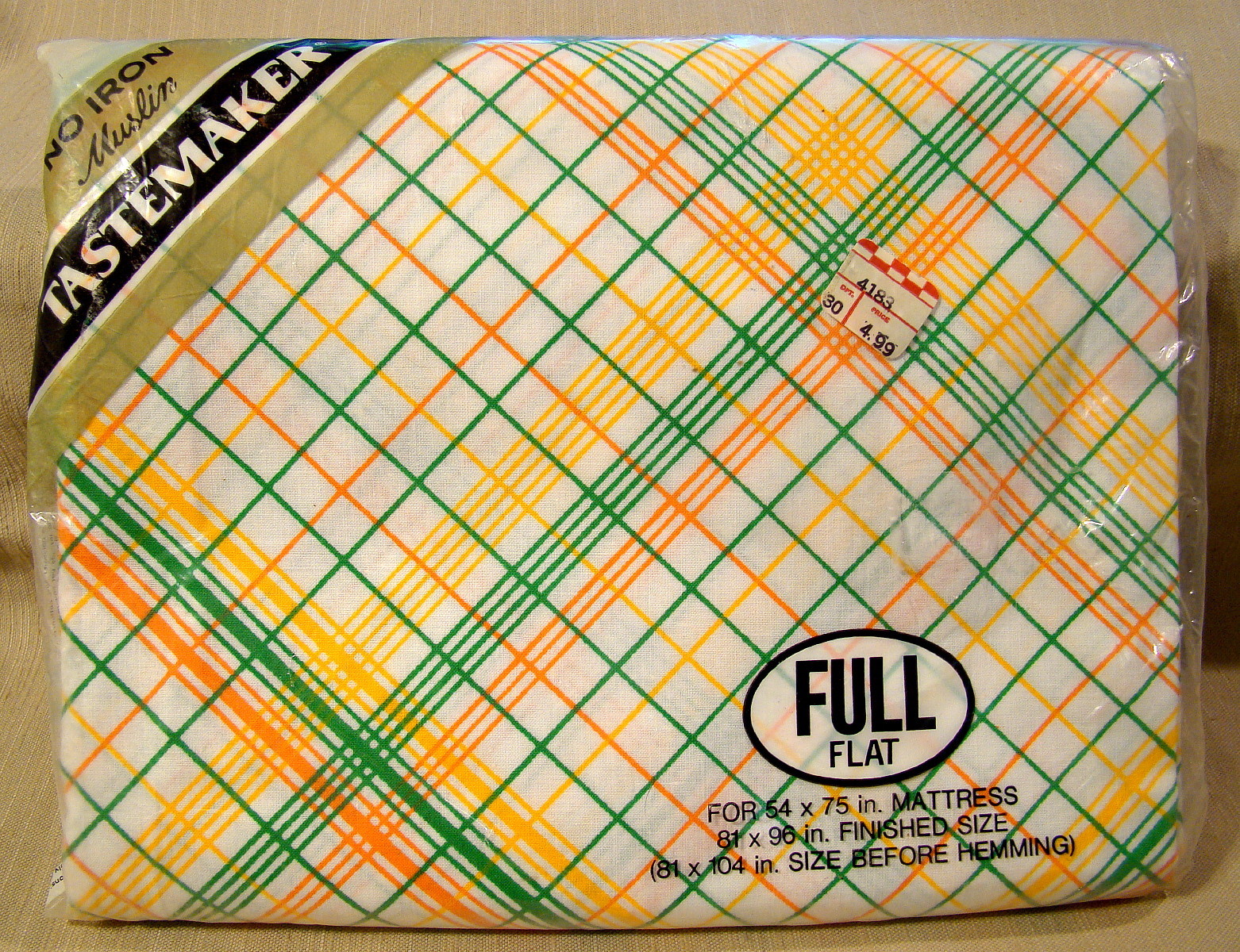 NEW in Package Vintage USA Tastemaker Full Flat Fitted Sheets Green Yellow Plaid