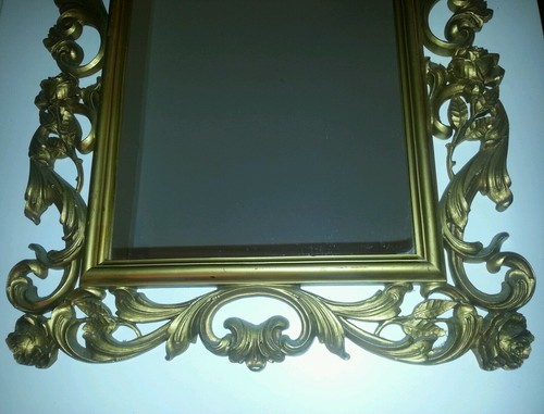 ORNATE ROSE HOMCO WALL MIRROR HOLLYWOOD REGENCY 1977 GOLD TONE 30 X 19 VINTAGE