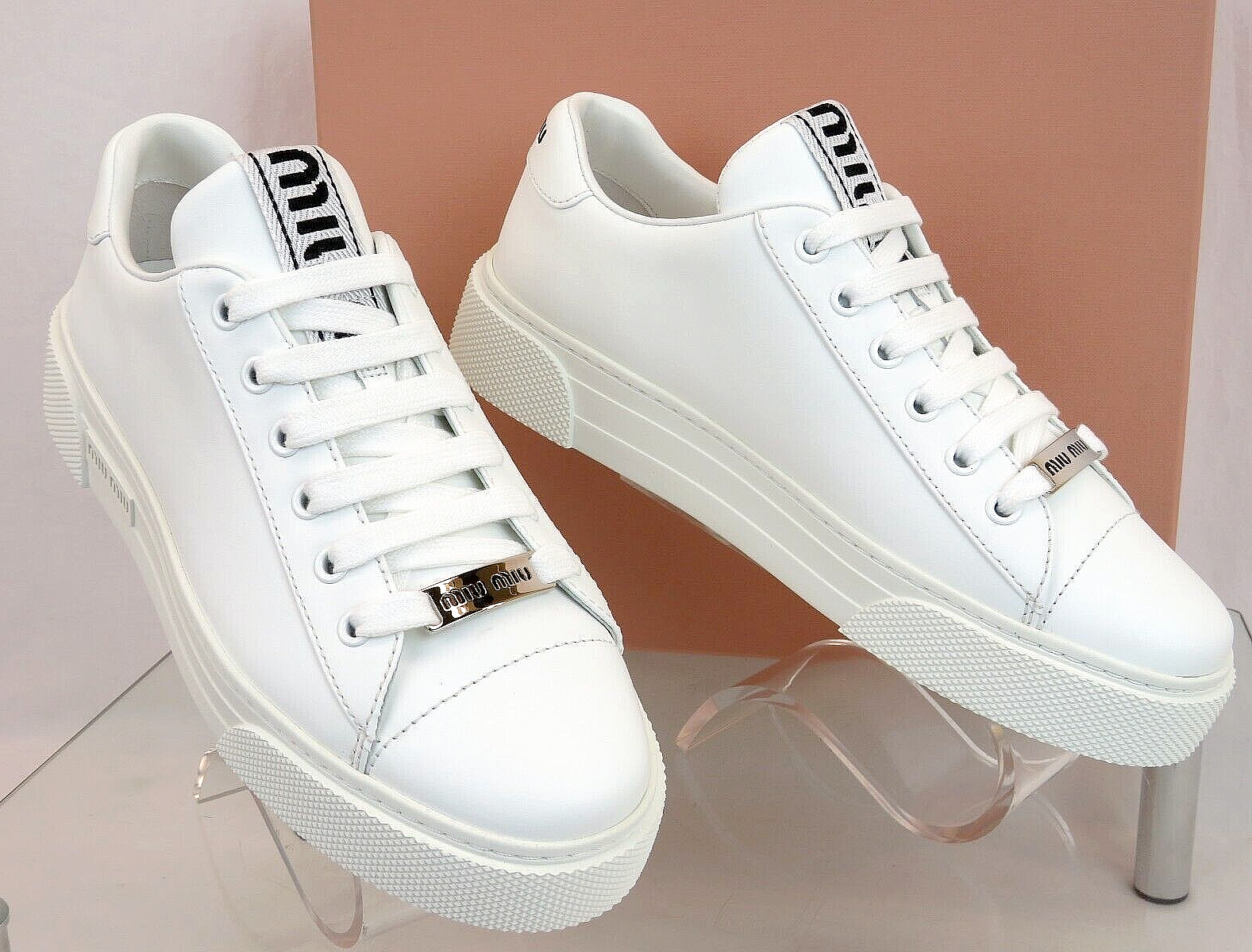 Pre-owned Miu Miu Prada 5e165d White Leather Metal Logo Lace Up Platform Sneakers 39