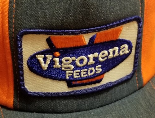 Vtg Vigorena Denim Orange Baseball Cap Snap-A-Tab Adjustment Fits 7-1/8 to 7-5/8