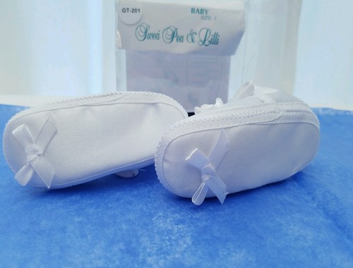 Baby Christening Shoes Slipper Booties White Satin Bow & Flower Size 1