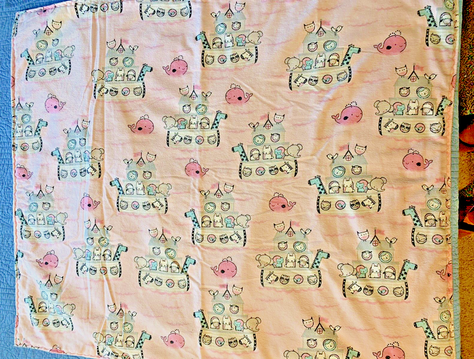 Noah's Ark Print Pink Flannel Eyelet Back Embroidery 33x39 I