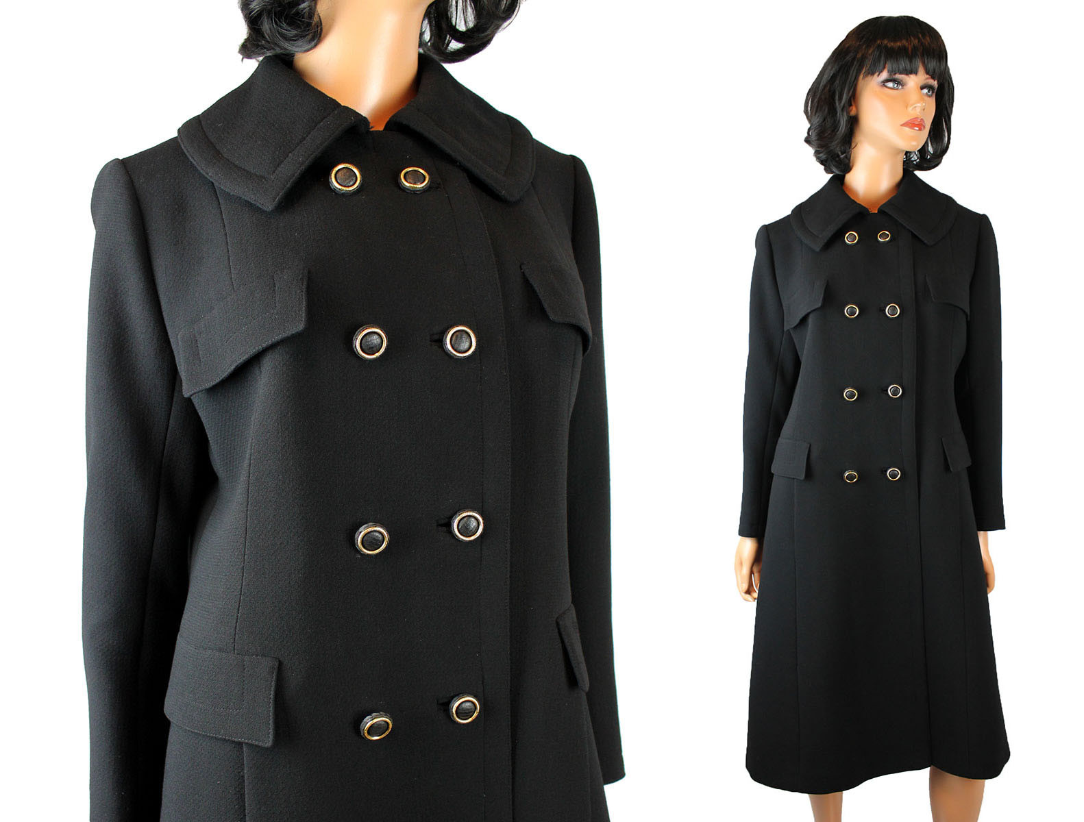 ジャケット・アウター Vintage Double Breasted Wool Long Coat Vintage Trench Coat Sz M 70s Black Wool Long Winter Jacket