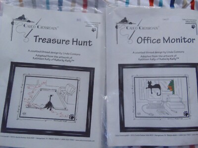 2 Cat  Crossroads Counted Cross Stitch Kits Office Monitor Treasure Hunt NEW