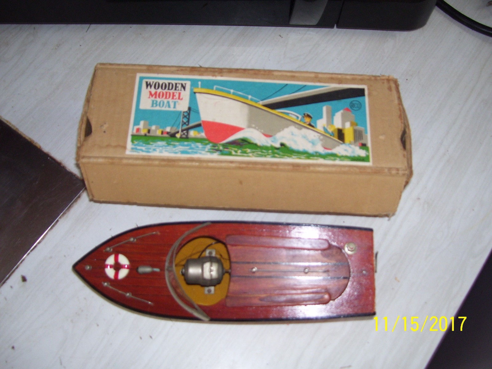 1950's  Battery Operated Wooden Toy Speed boat-JAPAN-10