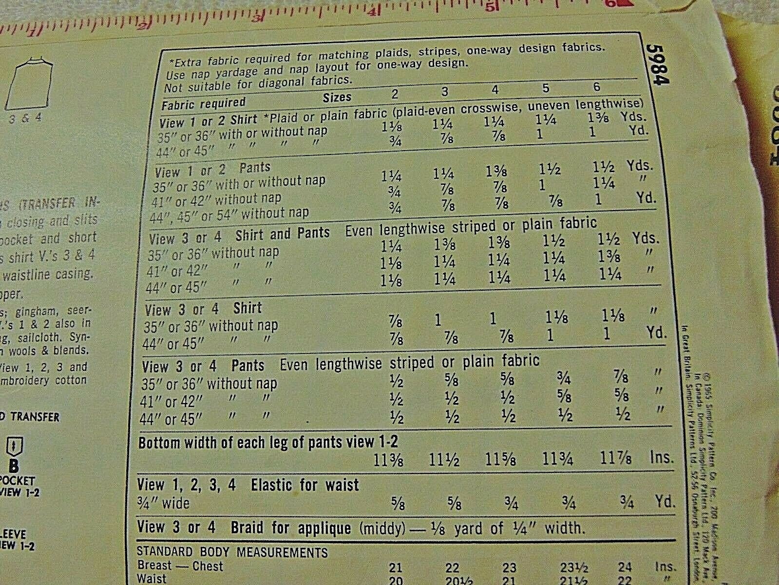 Vintage Simplicity Size 3 Unisex Child's Pattern #5984 (shirt, pants & shorts)