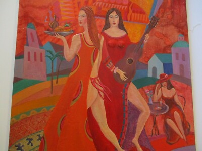 Modernist Painting Women City Urban Musician Cafe Expressionism Cubism Listed