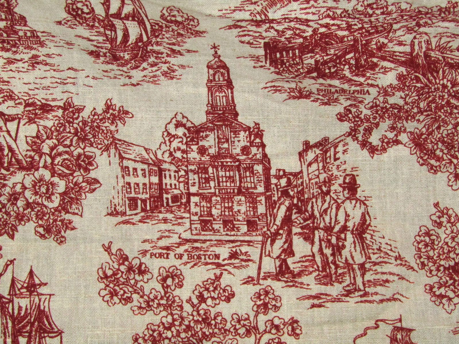 Vintage Linen Drapery Fabric Red Toile Colonial Harbor Towns Panel 96