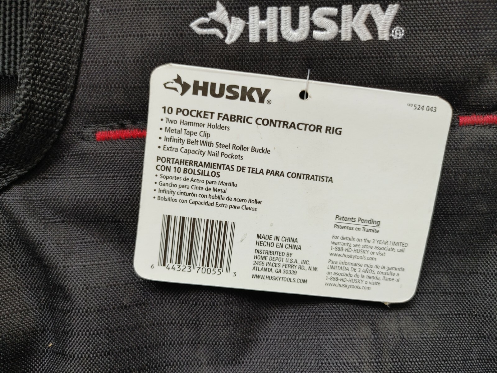 Husky 10 Pocket Carpenters Black Tool Belt Bag with Hammer Loop, tag