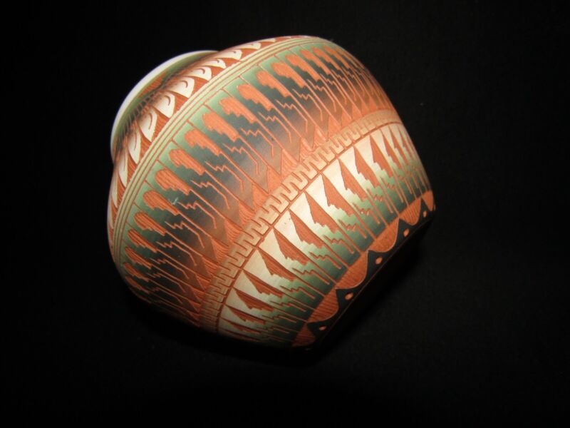 Navajo Pottery Pot Etched Vase Bowl Polychrome Multi Color Red Clay Signed EM FB