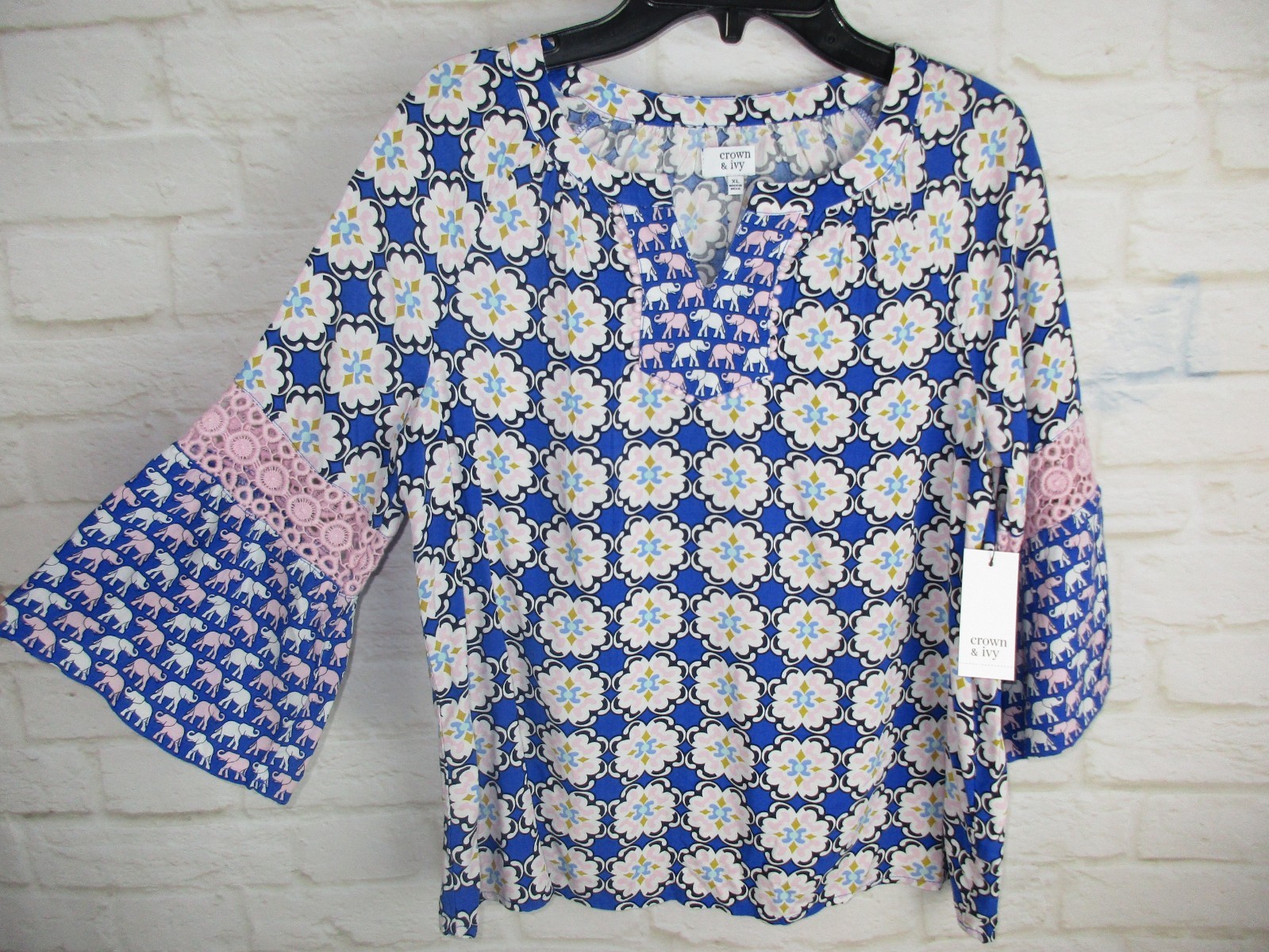 Crown & Ivy Girls size XL Elephant Floral Print Blue Pink Crochet Sleeve Tunic