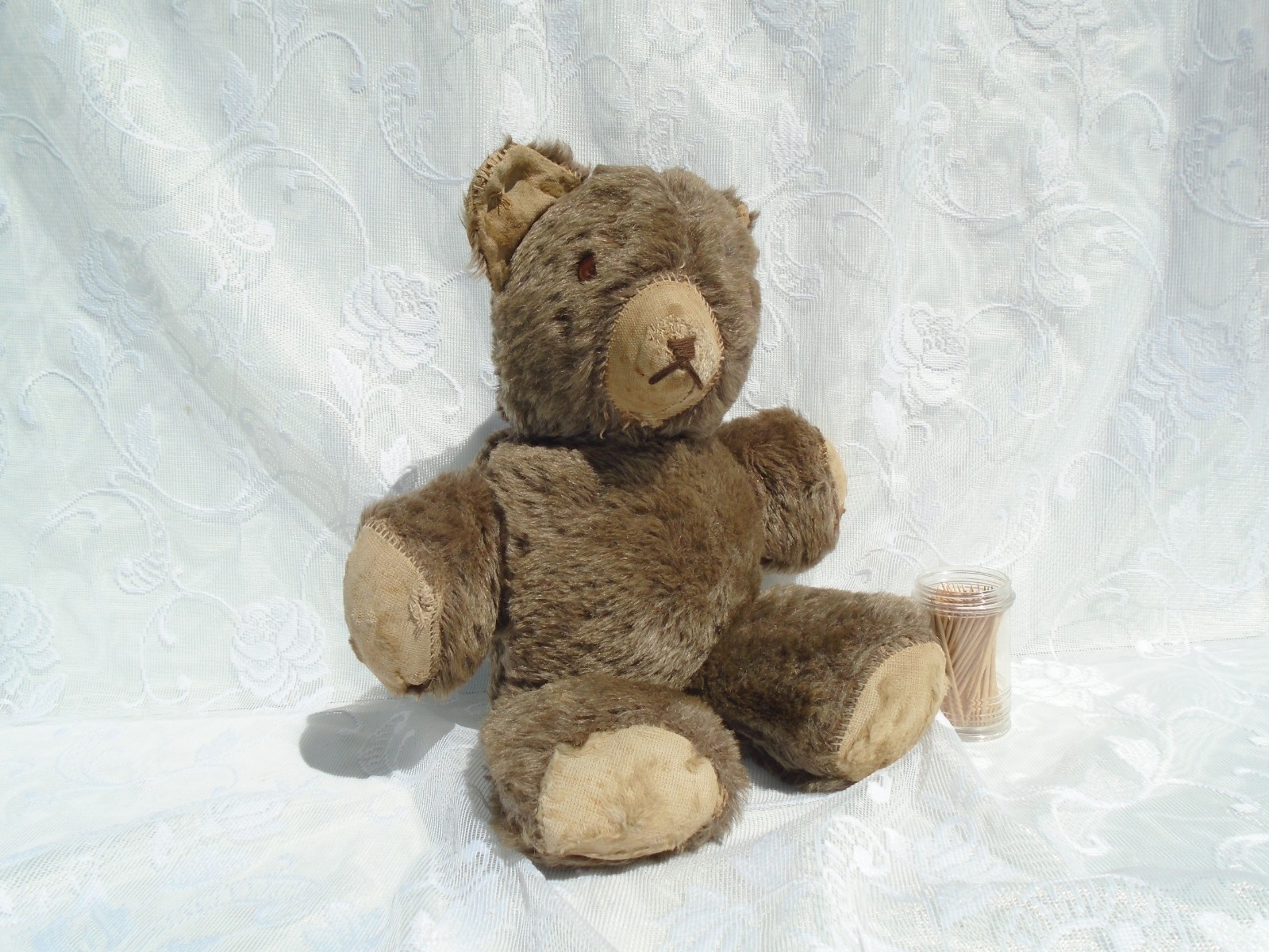 Antique Vintage HAND SEWN Stuffed Teddy Bear with Button Eyes EMBROIDERED FACE