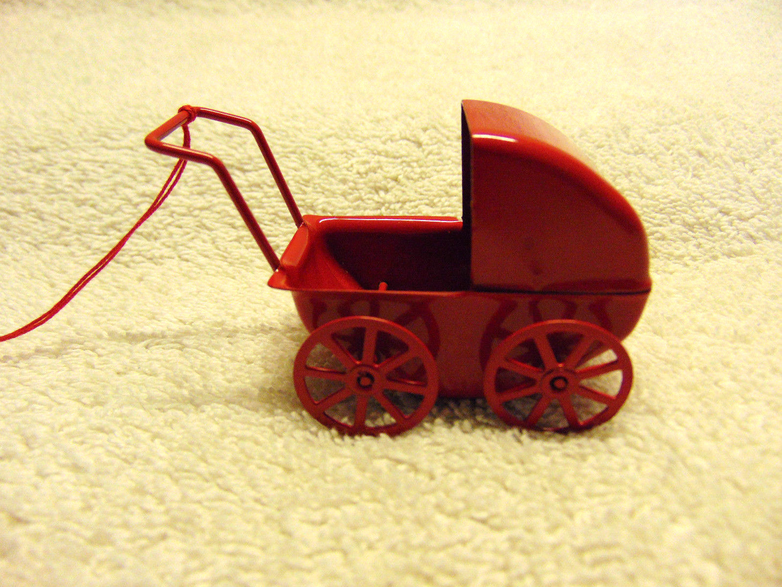 Vintage Painted Metal Baby Buggy Christmas Ornament Dollhouse