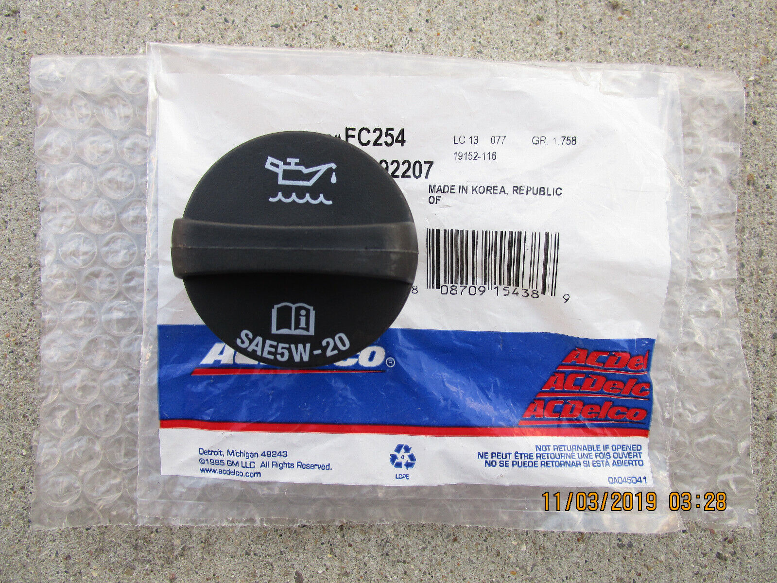 GM CHEVY 25192207 ACDELCO FC254 FC-254 ENGINE OIL FILLER GM CHEVY 25192207 ACDELCO FC254 FC-254 ENGINE OIL FILLER