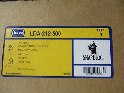 ILSCO LDA-212-500, 760A 600V 1P (2)500MCM X (12)#4 POWER DIST BLOCK-NEW-B
