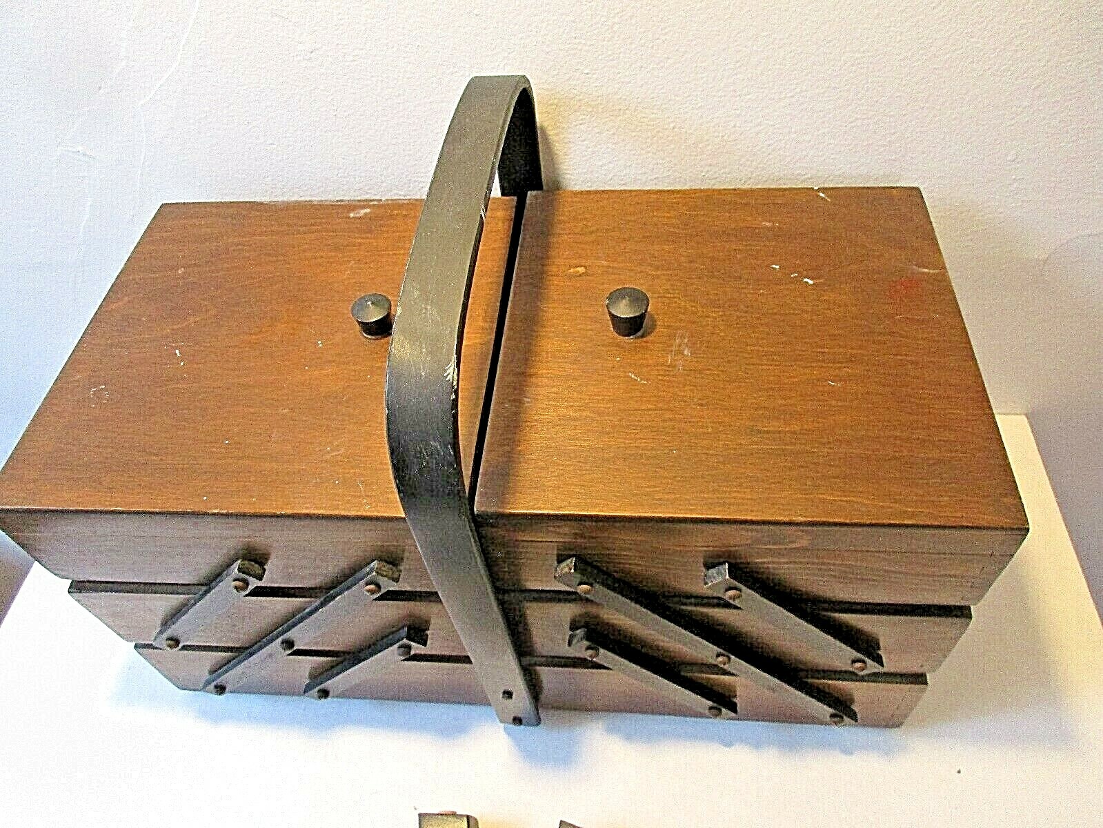 Vintage Wood Scissor Accordian Folding Strommen Bruk Hamar Style Sewing Box