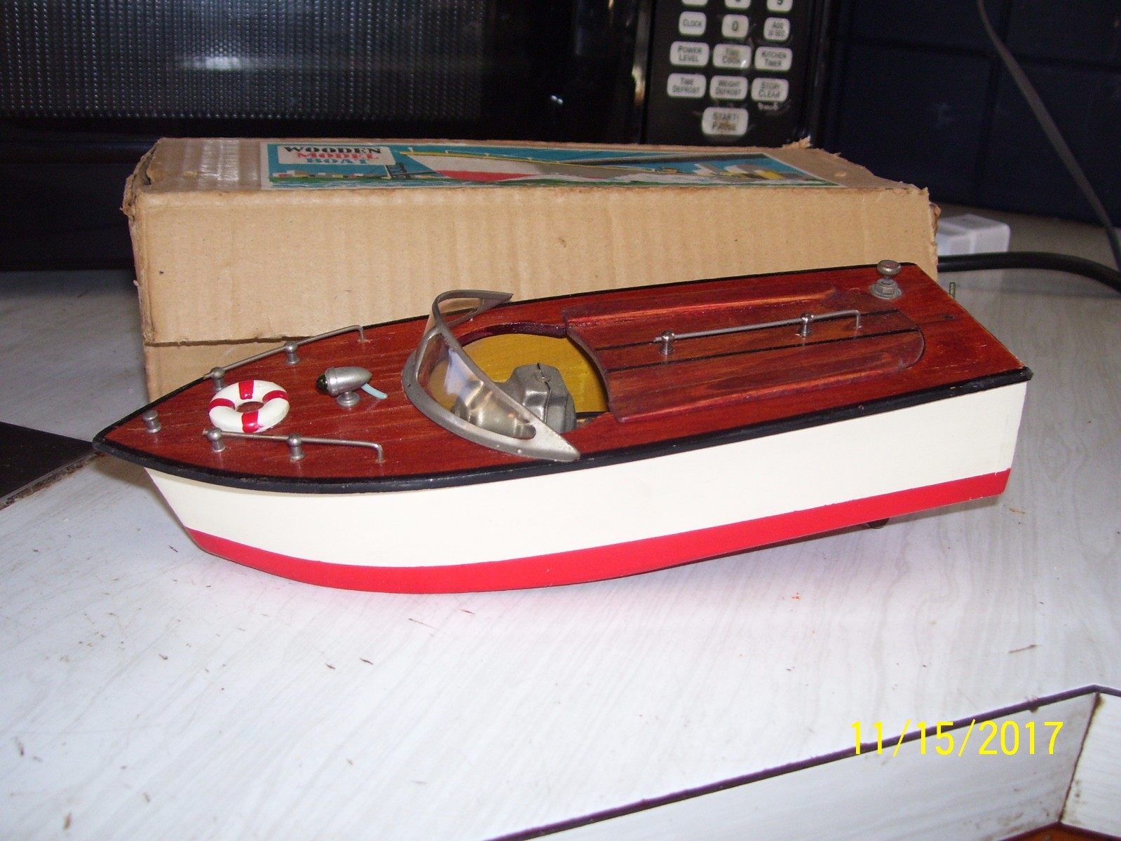 1950's  Battery Operated Wooden Toy Speed boat-JAPAN-10