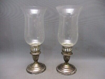 Pair Vintage Empire #44 Sterling Silver Candlestick Holders w/ Hurricane Glass 