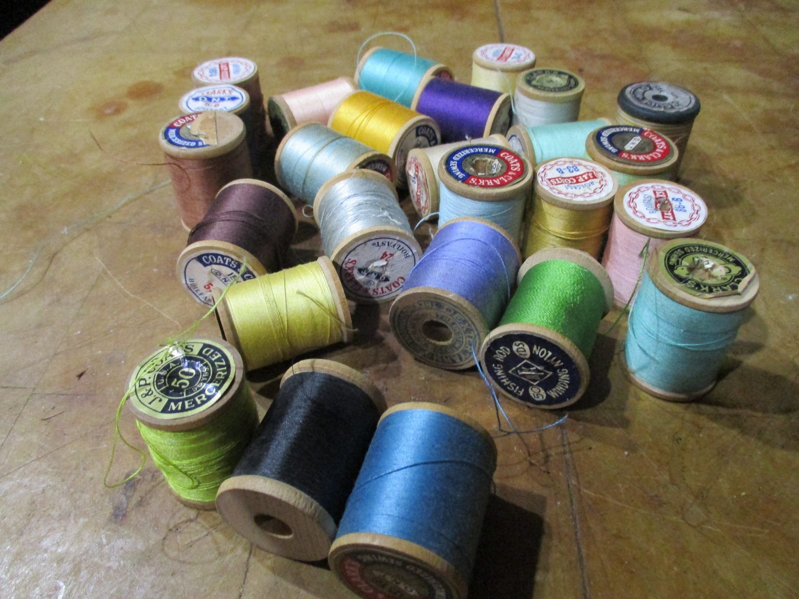 TWENTY SEVEN SPOOLS OF THREAD--ALL ON WOODEN SPOOLS