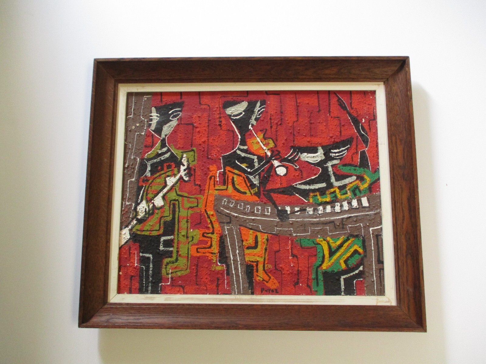 MID CENTURY OIL PAINTING ABSTRACT CUBIST CUBISM MUSICIAN BAND JAZZ MODERNISM