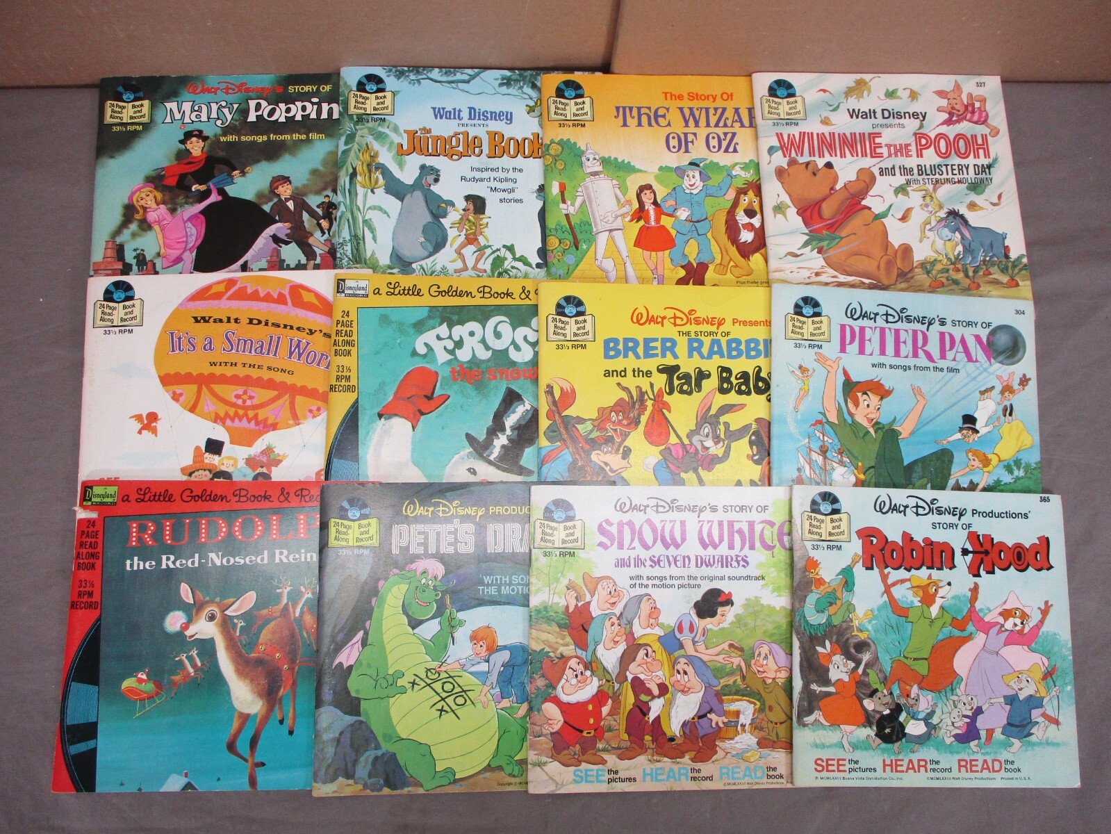 12 Vintage WALT DISNEY DISNEYLAND BOOK & RECORD 33 1/3 Rpm VINYL