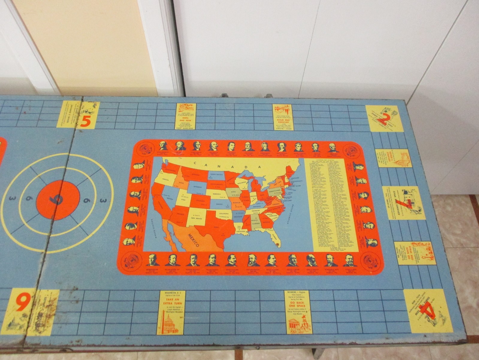 Vtg 1956 All-Luminum Metal Folding Educational Game Table Car Race Presidents