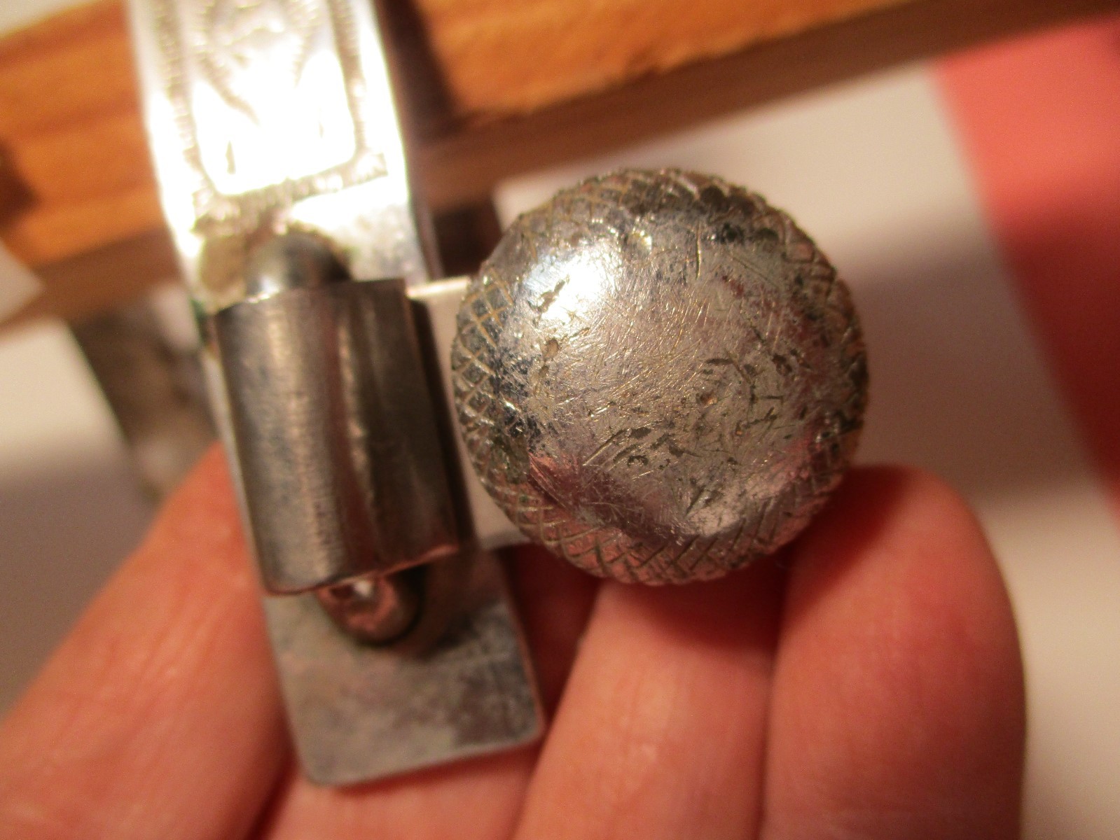 Vintage Engraved Button Embossed Stainless Unmarked Crockett Mens Spurs