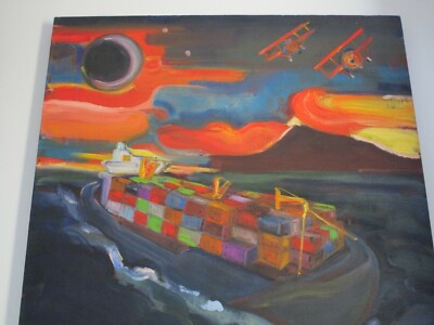 LARGE MODERNIST PAINTING PLANES SUNSET EXPRESSIONISM SHIP SEA INDUSTRIAL ECLIPSE