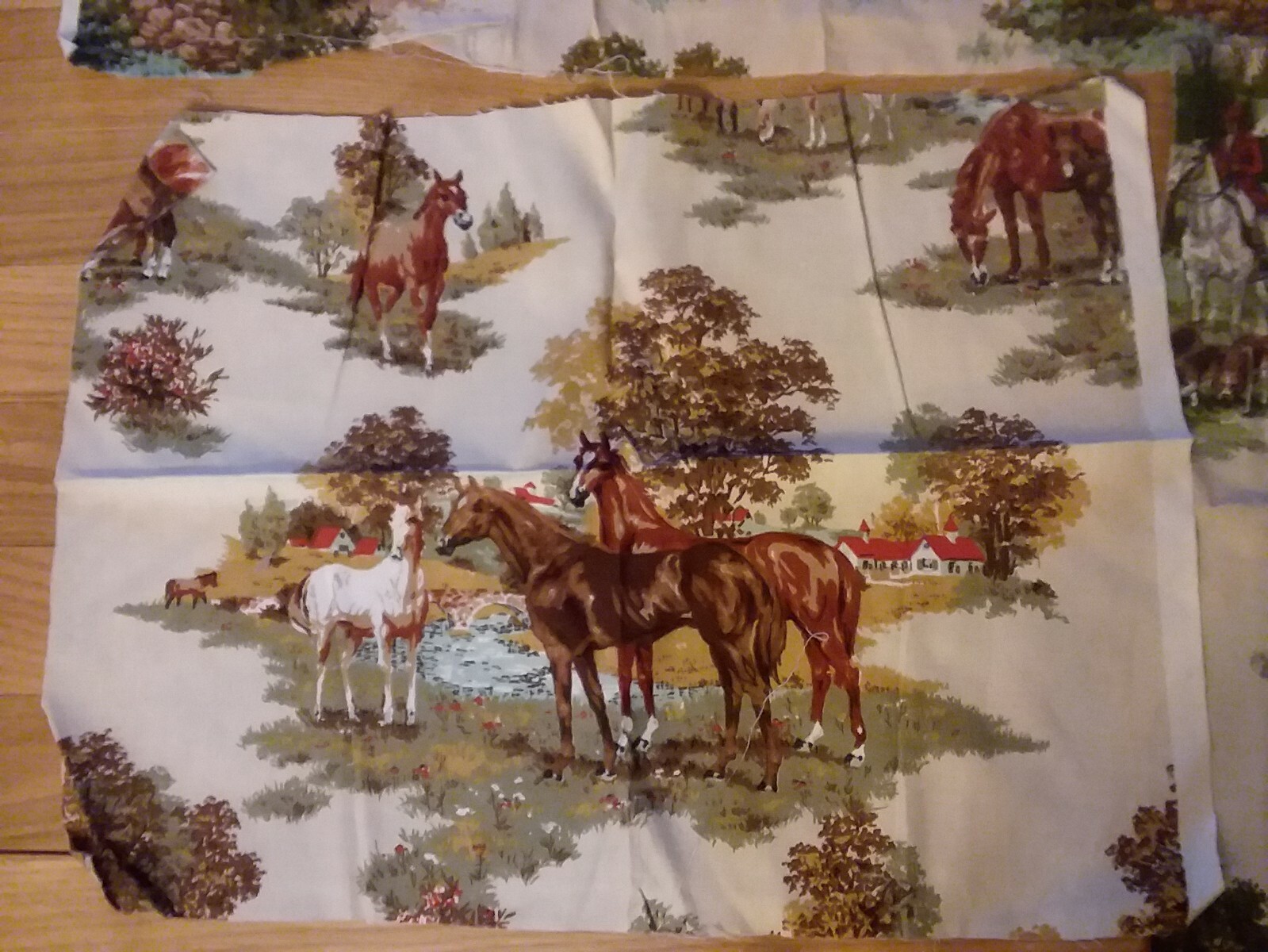 Lot Vintage Barkcloth 4 Pcs. Cotton Fabric Horses & Hunting Dogs