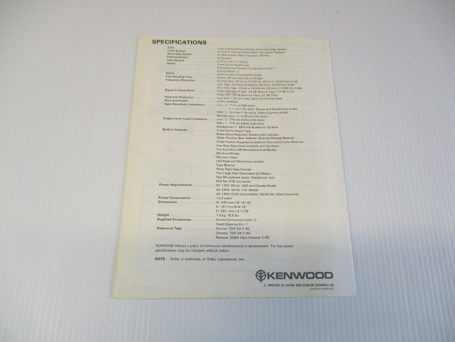 Kenwood Stereo Cassette Deck Tape KX-1030  Instruction Manual Original