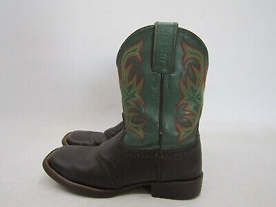 Justin Youth Sz 1 D Green Brown Leather Stockman Cowboy Western Boots