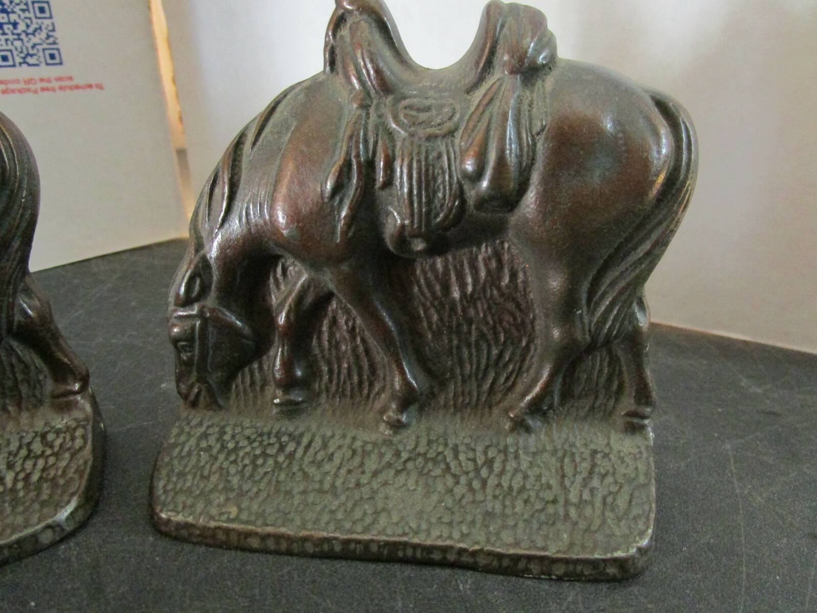Vintage Cast Iron Horse Grazing Saddle Bronze Tone Book Ends