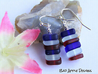 Stacked Red Blue & White SEA GLASS Pebble Earrings, Artisan Handcrafted