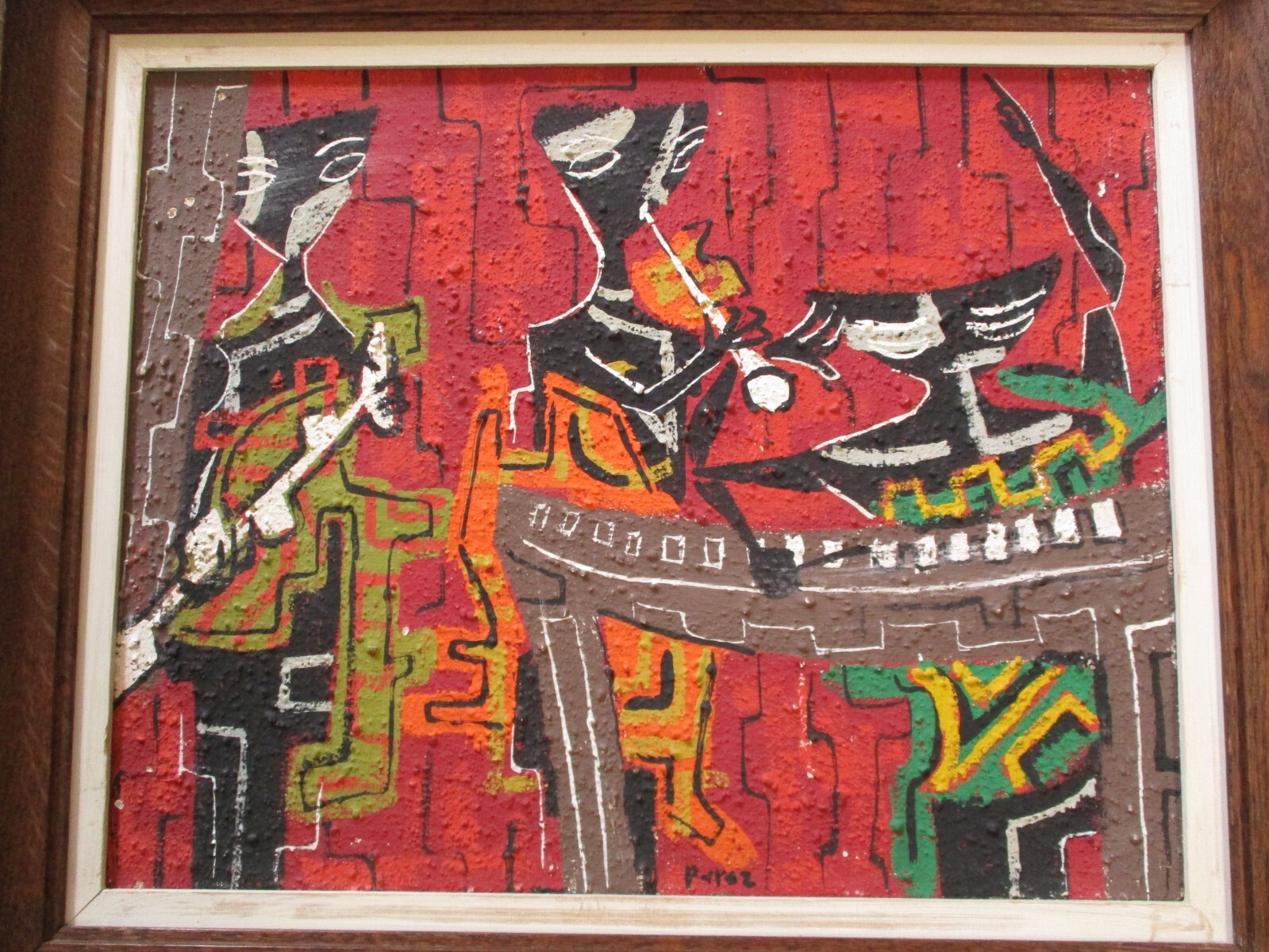 MID CENTURY OIL PAINTING ABSTRACT CUBIST CUBISM MUSICIAN BAND JAZZ MODERNISM